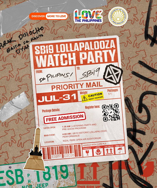 📢 UY, SB19—LOLLAPALOOZA DADALHIN SA LUNETA 🇵🇭

The wait is over — SB19 makes history as the first Filipino act to ever perform at Lollapalooza, and we're bringing the celebration home! 🎤✨

Join us for a FREE live simulcast watch party at the Rizal Park Open Air Auditorium as SB19 takes the Allianz Stage in Grant Park, Chicago!

📅 Friday, July 31, 2026
⏰ 1:30 AM – 6:00 AM
📍 Rizal Park Open Air Auditorium, Manila
🎟 FREE admission — registration required

Come early, bring your fellow A'TIN, and be part of the crowd that watches Filipino talent shine on the world stage — together, as one nation. 🇵🇭❤️

Register now: https://www.eventbrite.com/e/sb19-lollapalooza-live-watch-party-in-luneta-tickets-1995282678202?aff=oddtdtcreator

#SB19xLollapalooza #SB19xDOT #UySB19 #SB19 #DiscoverMoreToLove #LoveThePhilippines