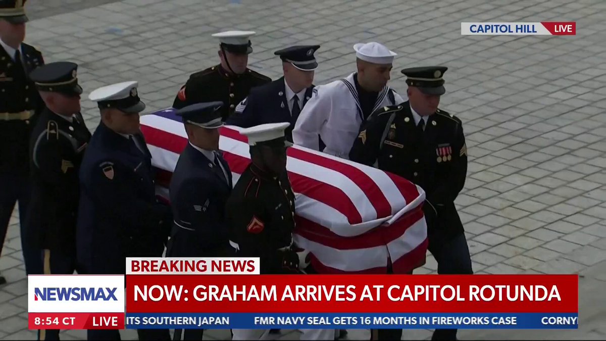The casket of Sen. Lindsey Graham enters the United States Capitol to lie in state in the Rotunda. 