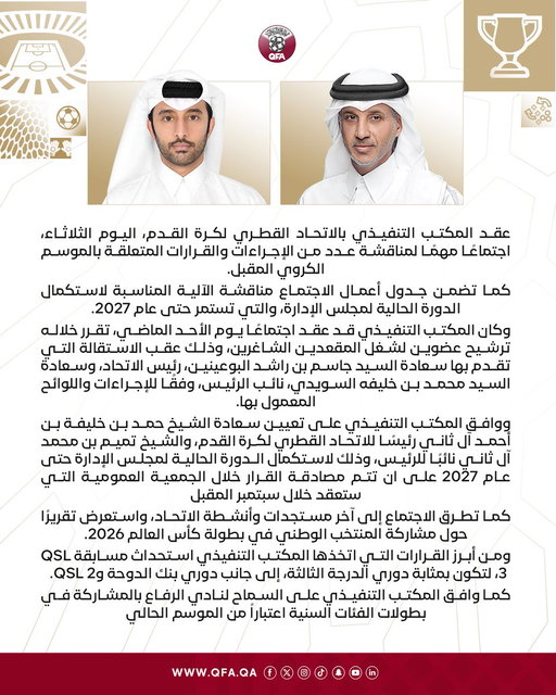 المكتب التنفيذي للاتحاد القطري لكرة القدم يعتمد عددًا من القرارات المهمة استعدادًا للموسم الجديد 📝⚽️. 