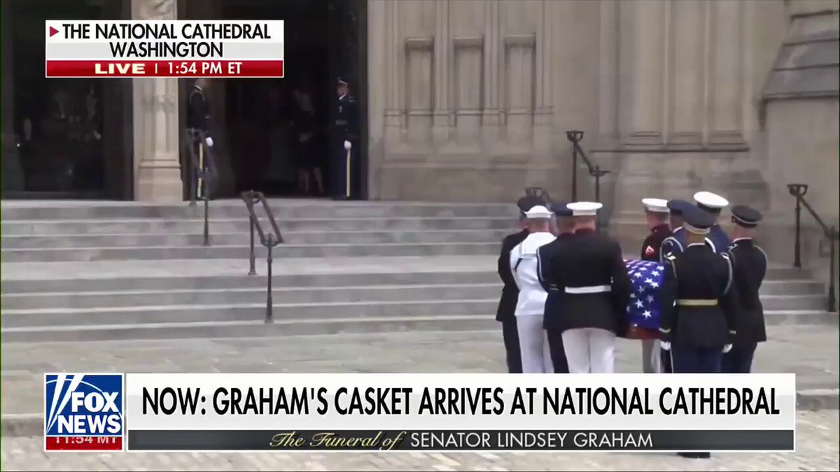 WATCH: Sen. Lindsey Graham's flag-draped casket arrives at Washington National Cathedral ahead of a celebration of his life. 