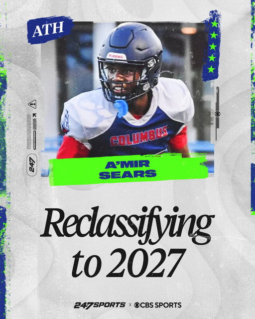 BREAKING: The No. 1 player in the 2028 class, @amirsears1_, has informed @247Sports that he will reclassify to the 2027 class.

In addition, he will commit LIVE on @CBSSportsCFB at 5:00 pm on Friday, July 31.

VIP Story: https://247sports.com/article/no-1-player-in-the-nation-amir-sears-reclassifying-to-2027-sets-commitment-date-288566326/

@247recruiting 