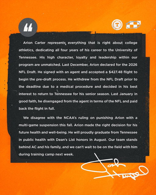 Statement From Head Coach Josh Heupel on Senior All-SEC Captain Arion Carter 