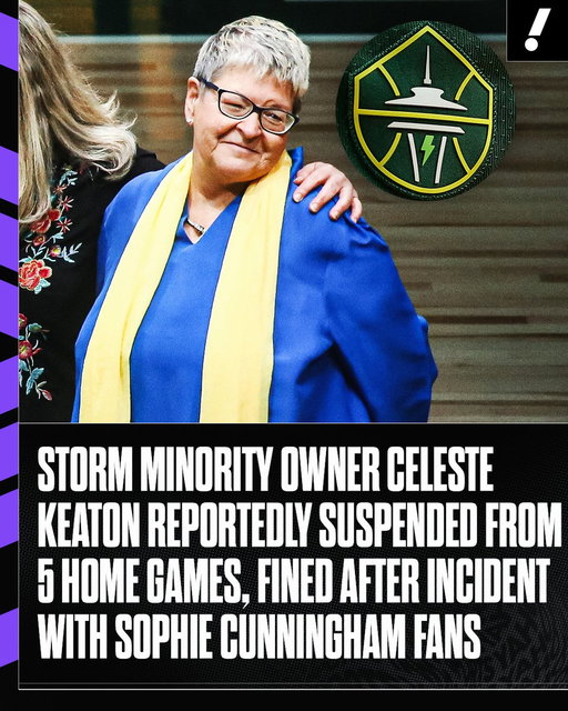 Seattle Storm minority owner Celeste Keaton has been fined by the WNBA and suspended for her team's next five home games following an incident Tuesday night involving a pair of Sophie Cunningham fans, per @CasNegley

The incident reportedly occurred when the two young women, wearing shirts for a brand advocating against the inclusion of transgender women in women's sports, held up signs reading "We love you Sophie" and "Thank you Sophie for speaking up for girls" while sitting courtside for the Fever-Storm game. 

Their appearance came a week after Cunningham made comments against transgender inclusion.

Full details: https://t.co/bOLuN8BxTB