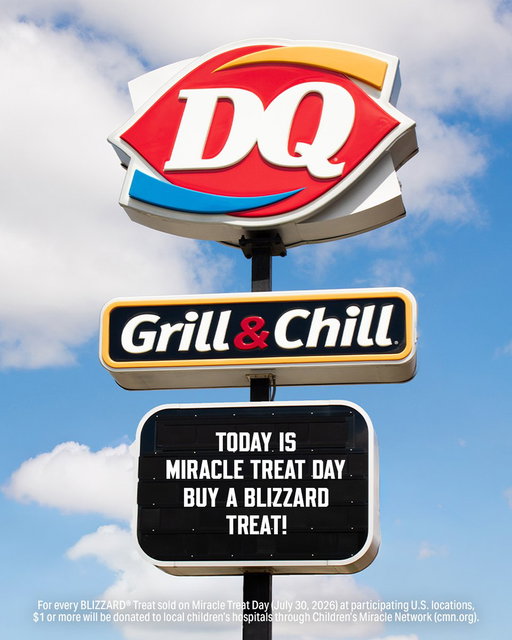 Now serving heroes — and BLIZZARD Treats. For every BLIZZARD
Treat sold at participating U.S. locations on 7/30/26, $1 or more will be
donated to local children’s hospitals through Children’s Miracle
Network. @childrensmiraclenetwork 