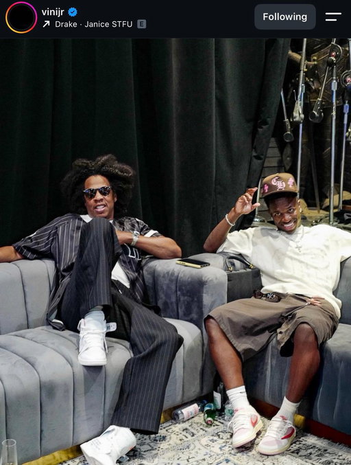 Vinicius Jr. replaces Drake song with Jay-Z and Linkin Park record on Instagram post after social media chatter. 