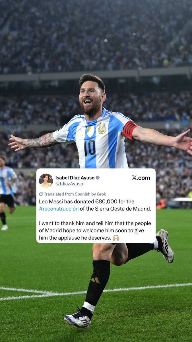 Lionel Messi donated €80,000 to help rebuild Madrid’s Sierra Oeste after devastating wildfires ❤️

📸 Getty 
