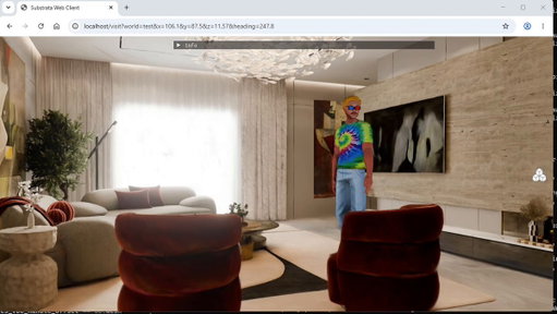 Gaussian splats working in the Substrata web client, showing interaction with normal triangle-rendered avatar. 