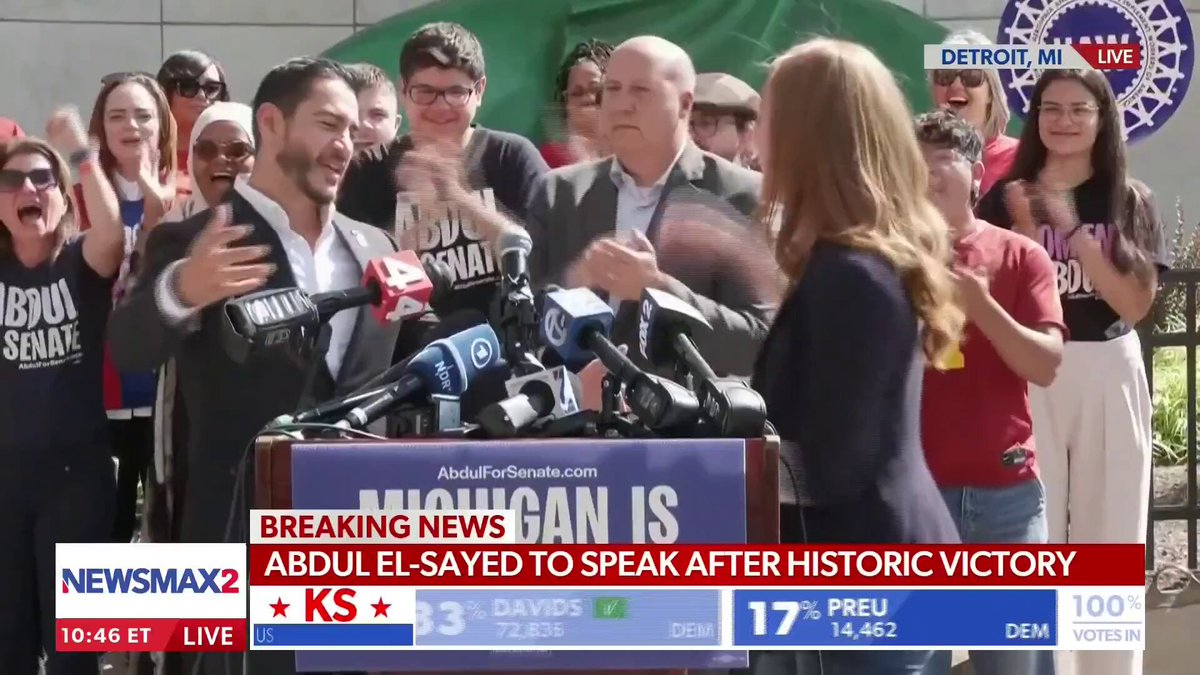 "It is a big movement." Far-left Michigan Senate candidate Abdul El-Sayed gives a victory speech after defeating moderate Haley Stevens. Trump-endorsed Republican Mike Rogers will face him in November. 