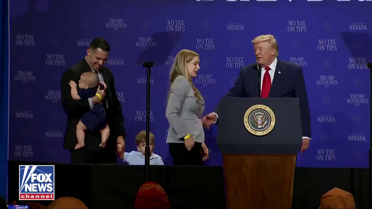 "I don't want him to be Biden and fall off this stage."

President Trump stops a young child from wandering off the stage during an event in Las Vegas — quipping that he doesn't want a stumble like the former president's. 