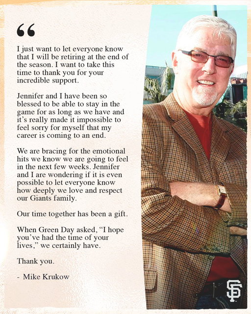 Statement from Giants Broadcaster Mike Krukow 