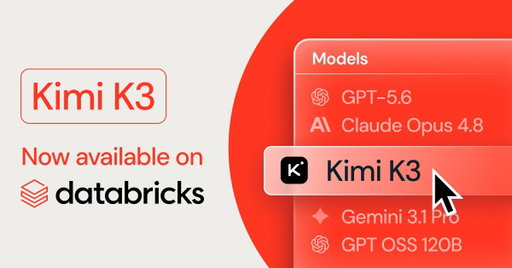 Moonshot AI's latest open-weight model, Kimi K3, is now available on Databricks through Unity AI Gateway. @Kimi_Moonshot 

Run Kimi K3 where your data already lives - governed, secure, and ready for custom AI apps and agents built with the data in your Lakehouse.

Unity AI Gateway lets you deploy Kimi K3 with enterprise-grade access controls. Govern every call, monitor performance, and scale securely across your AI apps. Test Kimi K3 alongside other frontier models without changing your application code. 

The open-weight frontier just arrived on Databricks. Try it today. https://www.databricks.com/blog/kimi-k3-moonshot-ai-now-available-databricks-through-unity-ai-gateway