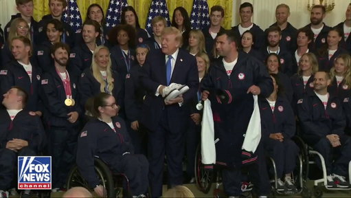 WATCH: President Trump joins Team USA's Olympic and Paralympic athletes in a "USA" chant during a White House celebration honoring their success at the 2026 Winter Games. 