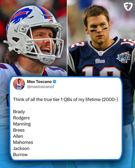 Tier 1 QBs since 2000: 

- Tom Brady 
- Aaron Rodgers 
- Peyton Manning 
- Drew Brees
- Josh Allen
- Lamar Jackson 
- Patrick Mahomes 
- Joe Burrow 

Is anyone missing from the list? 🤔

(via @maxtoscano1) 