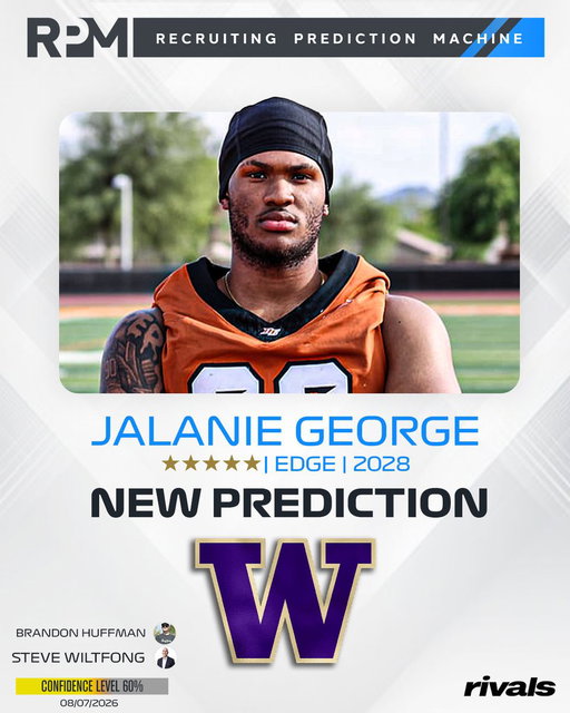 Rivals' @BrandonHuffman and @SWiltfong_ have logged expert predictions for Washington to land 5-star EDGE Jalanie George🐺

George is the No. 2 overall recruit in the 2028 class. 

Read: https://t.co/T8QGXdeiuj 