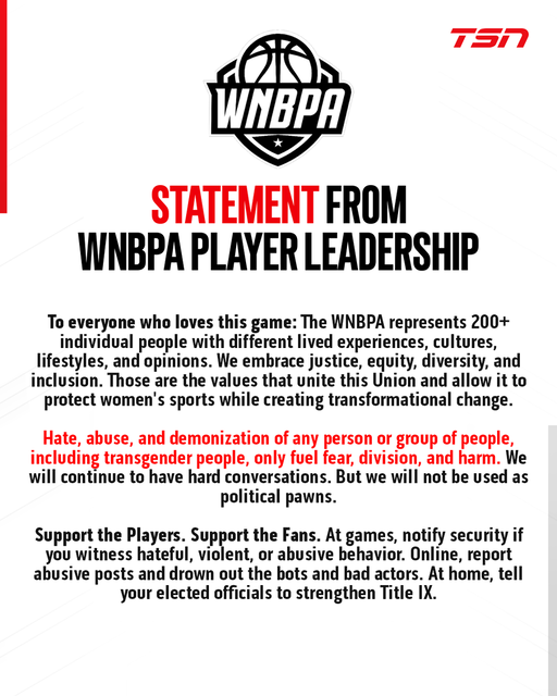 The WNBPA has released a statement emphasizing diversity and inclusion, amidst a recent focus on transgender athletes. 