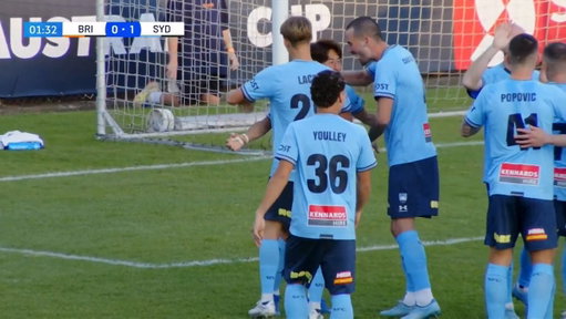Sydney strike in an instant through Sekine ⚡️

A dream start for @SydneyFC as Takahiro Sekine rises high at the back post to head home the opener within the first 90 seconds ⏰

Watch #BRIvSYD live on Paramount+ 📺 
