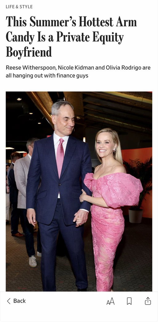Per the @WSJ, “the summers hottest arm candy is a Private Equity boyfriend”.

Can someone explain how this is different from any other summer??? 

Tons of celebs have Wall Street "boyfriends", husbands...am I missing something?? 