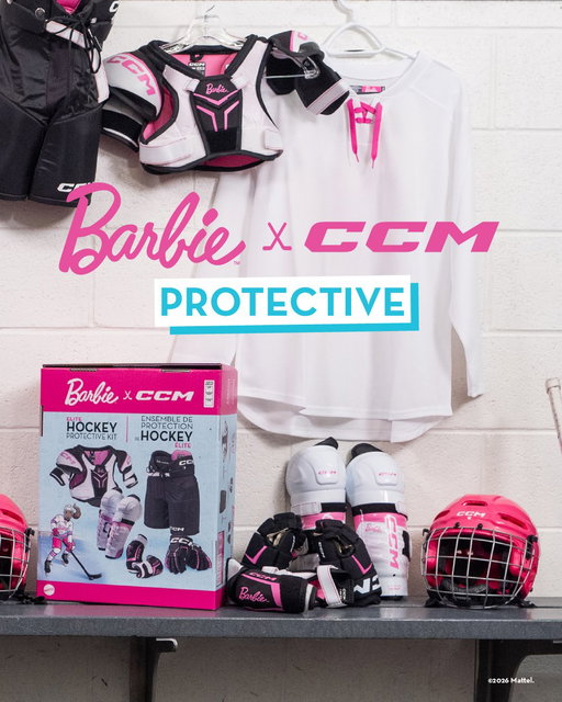 Iconic Barbie™ style from her first strides 💗

Get the Barbie™ x CCM protective and base layer set.
Dream Big. Play On. 