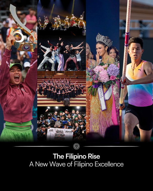 THE FILIPINO RISE 🇵🇭

What a month for Filipino excellence!

Across the world's biggest stages, arenas, courts, and competitions, Filipinos have proudly raised our flag. Dahil hindi lang tanawin ang ipinagmamalaki natin, pati ang galing ng Pilipino. 💪🏽

Congratulations to Alex Eala, SB19, BINI, EJ Obiena, Katrina Llegado, Femme MNL, and the BAAO Children Youth Choir, and to the many other Filipinos making their mark around the world! Thank you for continuing to inspire us and bringing pride to the Philippines.

#DiscoverMoreToLove
#LoveThePhilippines
#PinoyPride