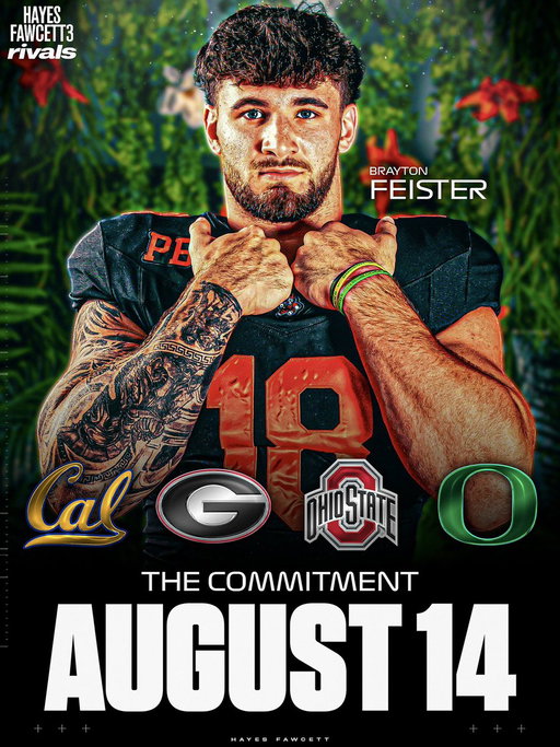 NEWS: Four-Star LB Brayton Feister will announce his Commitment on Friday, August 14th, he tells me for @Rivals

The 6’3 245 LB is the Top Uncommitted Recruit in the 2027 Class 
He’ll choose between Cal, Georgia, Ohio State, and Oregon

https://t.co/n56ZHLE8ai 