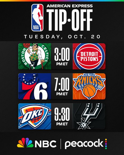 THREE MARQUEE MATCHUPS TO OPEN THE SEASON on NBC and Peacock!

🍿 Jayson Tatum, Paul George and the Celtics visit Cade Cunningham and last year's top-seeded Pistons

🍿 LeBron James and Jaylen Brown make Sixers debuts vs. Jalen Brunson and the Knicks on their championship banner raising night at MSG

🍿 Shai Gilgeous-Alexander and the Thunder face Victor Wembanyama and the Spurs in a West Finals rematch

NBA Schedule Release presented by @Ticketmaster