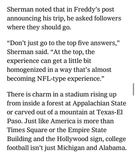 There was an article in the NY Times today about our planned College Football trip. One part I found really interesting was where they said we shouldn’t only visit the big schools. Honestly, we only had big ones on our list so far… Michigan, Auburn, LSU, Texas A&M, Penn State etc.

So what would you say about this and what college is one that you would recommend that has this special charm?