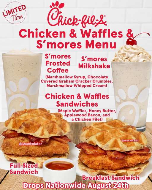IT'S HAPPENING! Chick-fil-A is bringing the Chicken & Waffles AND S'mores Milkshake NATIONWIDE!

Starting August 24th you'll be able to get the new Chicken & Waffles sandwiches ALL DAY LONG that feature maple waffles for the bun, a honey butter spread, applewood smoked bacon, and your choice of a regular or spicy filet. You also get a side of syrup to really layer on the goodness!

And then we're getting S'mores Frosted Coffee and Milkshakes! These feature a marshmallow syrup blended with their ice dream and then mixed with chocolate covered graham cracker crumbs, and the milkshake has a marshmallow whipped cream on top!

I'll have a review up soon, but this might be the best seasonal menu they've ever done.

What are you grabbing from @ChickfilA on August 24th?

#chickfila #fastfood #chickenandwaffles #smores #milkshake