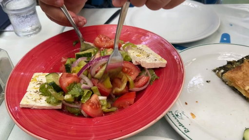 One thing predictable about lesser-known Greek islands (along with a more traditional scene and few tourists) is great rustic restaurants, wonderful Greek salads, and a culture that encourages splitting plates. Here, my guide, Kosta Panagos (on Rhodos), coaches me. Kalí órexi! 