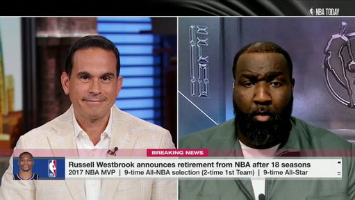 “Top 10 greatest point guard of all time. … Russ in my eyes, is the second-greatest Thunder of all time.”

@KendrickPerkins gives Russell Westbrook his flowers after announcing his retirement from the NBA 🙌 