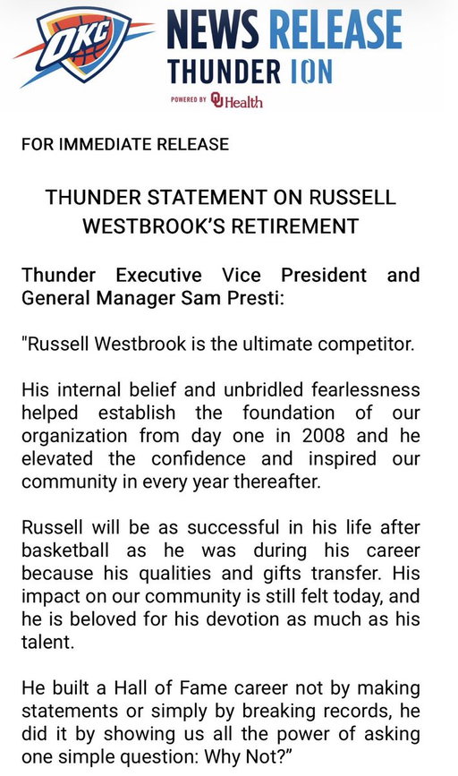 Oklahoma City’s Sam Presti calls Russell Westbrook “the ultimate competitor” and lauds his “internal belief and unbridled fearlessness” in this tribute to the former MVP after Westbrook’s retirement announcement earlier today: 