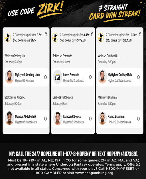 LIKE FOR LUCK
UFC 330 Picks! I’VE WON 7 WEEKS IN A ROW ON UFC, CAN WE MAKE IT 8? I also just cashed on DWCS👊🏻 let’s stay HOT. 3rd pick is a LONGSHOT, play small. Copy or fade: Use code ZIRK and get $50 in funds after your first $5 entry! https://t.co/qD8fizQSiw #UDPartner 