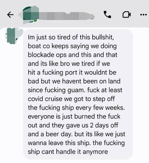 NEW: My inbox is now filled with messages from individuals who have family members on the USS Abraham Lincoln. 

This note shows that they have no "workable toilets around us," service members are served "undercooked chicken," and they do not get mail regularly.￼ 
