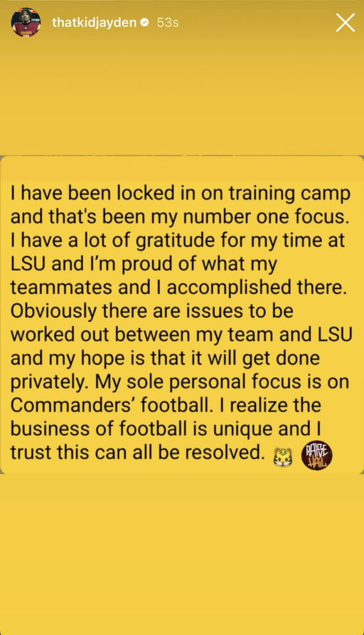 Commanders QB Jayden Daniels addresses the LSU NIL story, and makes it clear his full personal focus is on the 2026 NFL season. 