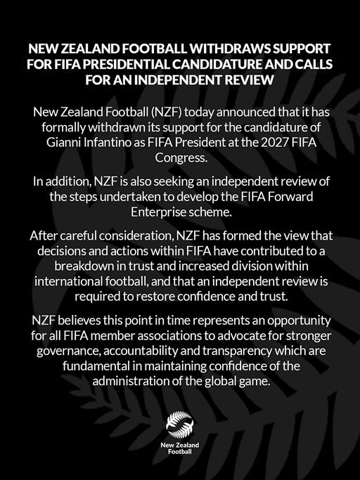 New Zealand Football's statement on the 2027 FIFA Presidential candidacy. 