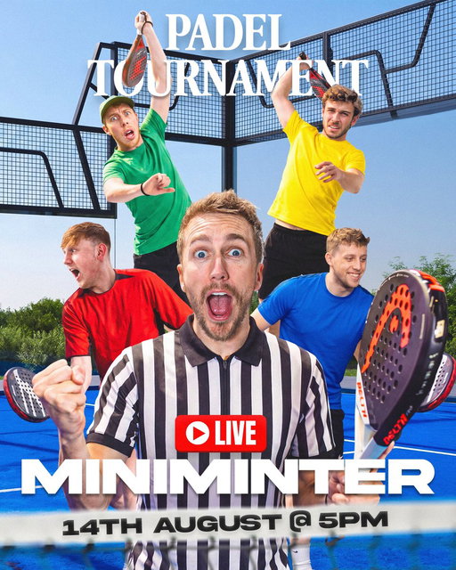 16 YouTubers will go head to head to see who is the best padel pair! My second charity padel event starts at 5pm today - tune in live on my Twitch and YouTube 🏆 