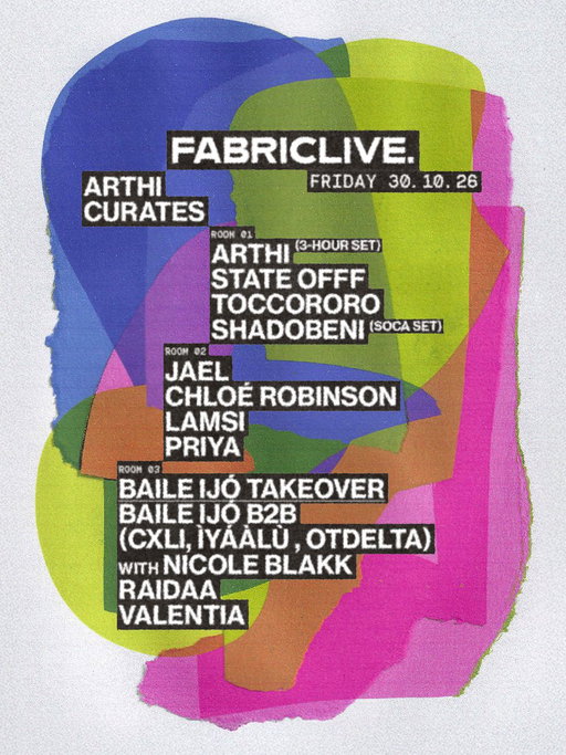 On October 30th, Arthi curates her own FABRICLIVE night. 

Known for her genre fluid mixing, Arthi is a multi-genre DJ who fuses sounds from the UK with club sounds across the world, from Garage to Soca, Funky House to Dembow, Kuduro, Bassline and beyond 

With full license to program the club, she’s joined by some of her nearest & dearest across all three rooms.