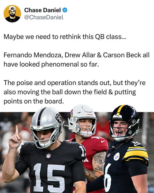 Fernando Mendoza
Drew Allar
Carson Beck

Are we sleeping on the 2026 QB Class? 👀

h/t @ChaseDaniel 