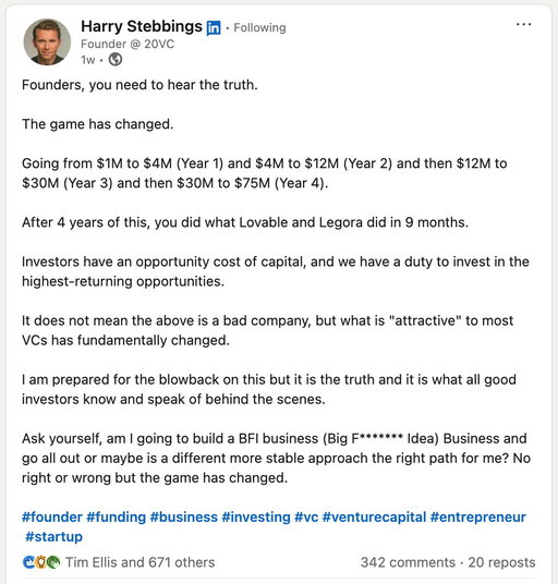 FOUNDERS: WHAT KIND OF FUCKING MORON SIGNS UP FOR THIS?!?

VC was already a horrible deal for the Founder. If this is how the game has changed, I am even further emboldened that the bootstrapped path is the best path for MOST people in this game.

Unless what you do is highly capital-intensive, you should avoid this “changed game” like it’s the plague. The VC game was already bad: a 90% chance you'd kiss a decade of your life goodbye and walk away with nothing but an education. This new game is meaningfully worse in terms of probability-weighted financial success for YOU, the Founder.

I post here because I want people to realize that what I do is an option. I didn't know it was possible until I found a podcast episode in 2017 with Ross Andrew Paquette from Maropost, who dropped enough info for me to back into the fact that he had a $30m ARR biz dropping $20m to the bottom line, and he owned all the equity.

I had two epiphanies that day: 1/ that seemed like a better life for the founder than any other SaaS I had heard of, and 2/ it seemed much more attainable than hundreds of millions of ARR. So I became obsessed with Ross, tried to figure out how he did it, copied what made sense for my business, and fast forward 10 years and we're not quite there ($32m ARR, $15m run-rate profit), but we're close, and I'm more optimistic than ever about growing our profitability.

People always ask me what mistake I see young Founders make the most. It’s raising money, and it’s in two different situations.

Situation 1: they're at $1m ARR, growing 2-3% per month, and think money will speed that up. It won’t. ZERO percent chance. The only thing that speeds up a startup at that stage is more disruptive product + more disruptive marketing. Neither has anything to do with money. Yet they raise from people who think or say they are VCs, and enter the world of pain of the treadmill of capital without growth.

Situation 2: getting to $10m ARR quickly and raising, thinking your TAM is bigger than it is. I made this mistake, but thank GOD we were so profitable that I didn’t actually raise, I just grew my team from 13 to 60 in 60 days, burned through the TAM in 9mo, hit a wall at 100mph, and for the second time in my career fired everybody I hired in that delusional frenzy. When you take money at that point, you don’t have that option. You are forced to try to widen the TAM, you build a bunch of shit no one wants, and you enter the world of pain of the treadmill of capital without growth.

I want to be your Ross Paquette. This game isn’t easy. VC or not, you have to create disruptive products with disruptive marketing to win. That’s the only way you’ll grow. So, WHY NOT do it without selling your soul to a game you only have a 10% chance of winning? I PROMISE grinding your profitability higher from $15m 12 years into the game is amazing, and you have a WAY higher chance of getting there than going $0-$100m in 9mo.

Fuck Lovable. Stay small.

And keep building.