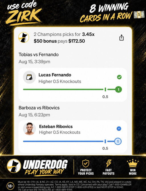 BANGGG 8 UFC CARDS CASHING IN A ROW, THE GENERATIONAL RUN CONTINUES 🔥🔥 $172.5 W, congrats to copiers. CASHED EVERY NFL Preseason day so far+8 UFC cards in a row, 1 L day the last 2 MONTHS WTF 🤯 Use code ZIRK+get $50 in funds after your first $5 entry! https://t.co/qD8fizRq84 