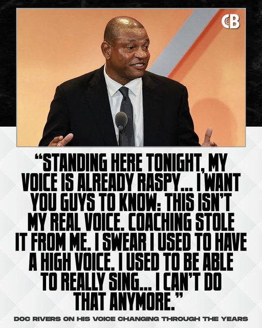Doc Rivers — during his Hall of Fame speech — on his voice changing through the years: 

“Standing here tonight, my voice is already raspy… I want you guys to know: this isn’t my real voice. I swear I used to have a high voice. I used to be able to sing… I can’t do that anymore.” 

Doc looked genuinely sad that he can’t sing anymore 😂🗣️