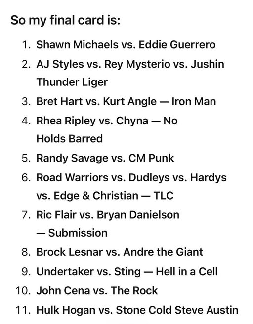 I asked ChatGPT to build the greatest wrestling card of all time using legends in their absolute primes (this is my primary use of AI). 

Here’s what it spit out: 
