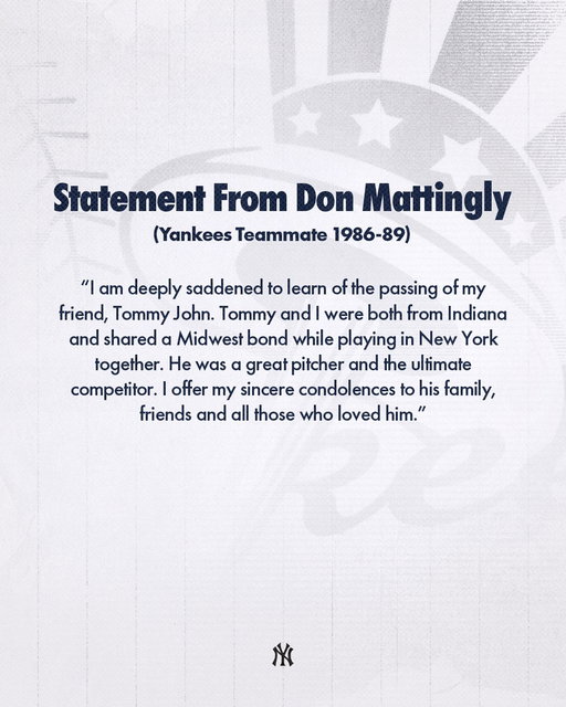 Statements from Don Mattingly and Willie Randolph on the passing of Tommy John: 