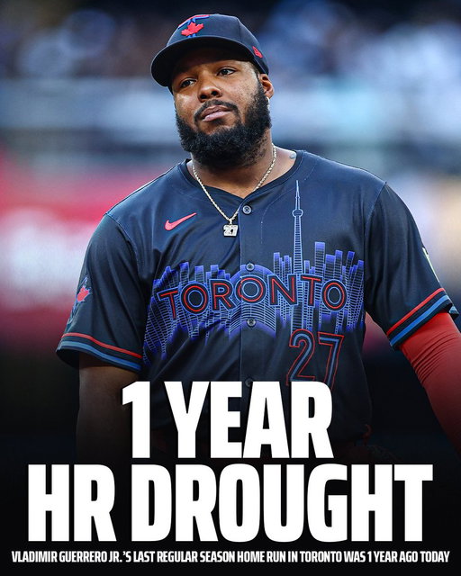 Vladimir Guerrero Jr. has now gone ONE FULL YEAR without hitting a regular-season home run in Toronto 🤯

When will it end? 