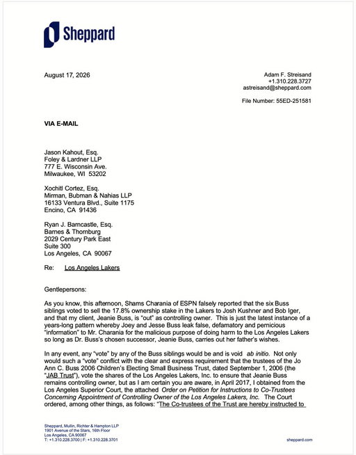 Full letter from Jeanie Buss' lawyer: 