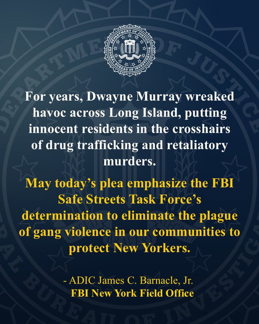 CASE UPDATE from @NewYorkFBI: Bloods Gang Leader Pleads Guilty to Racketeering, Including Murder On Long Island

Dwayne Murray, also known as “Wayno,” a leader in the Almighty Gorilla Stone Nation set of the Bloods street gang (GSB), pleaded guilty to racketeering charges in connection with his participation in the June 12, 2020, murder of Wayne Cherry, as well as conspiracy to distribute controlled substances, and conspiracy to murder rival gang members.  

Read more about the investigation by the #FBI and our law enforcement partners: https://t.co/783qEqnYAP