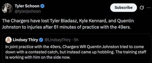 The Chargers suffered THREE major injuries in just ONE HOUR of joint practice with the cursed 49ers 