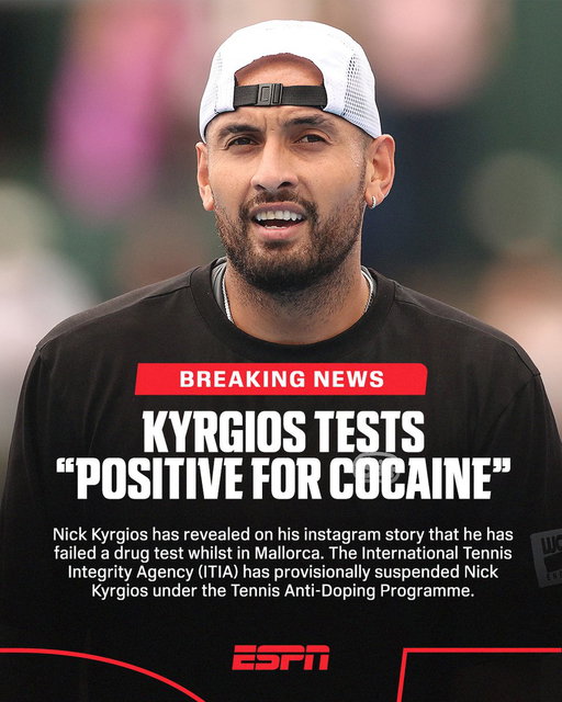 BREAKING: Kyrgios fails drug test

Nick Kyrgios has revealed he has failed a drug test whilst in Mallorca, testing positive for cocaine. He has been provisionally suspended by the International Tennis Integrity Association. 