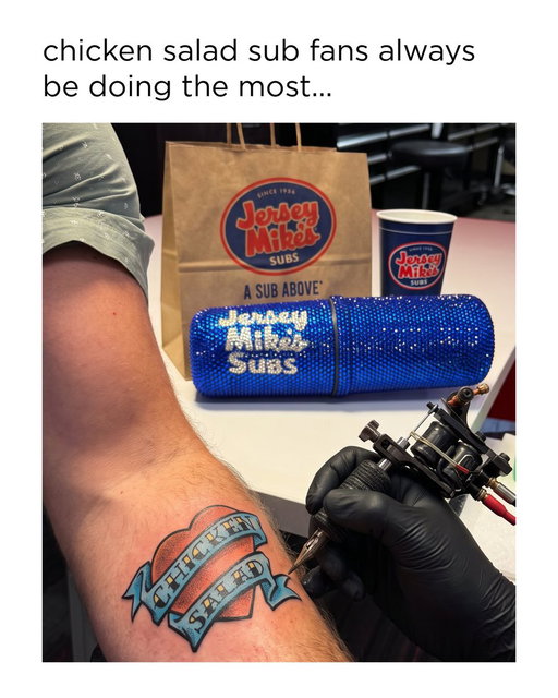 fresh new ink to profess my love. chicken salad fans always do the most...so they deserve the MOST.

Comment CHICKEN SALAD for a chance to win one bedazzled sub excess-ory + FREE SUBS FOR A YEAR*

Three winners will be announced tomorrow at 12PM EST.

Prizes:
1 Bedazzled Sub Excess-ory
$825 in Gift Cards (redeemable for one regular sub per week for one calendar year*)

#Sweepstakes. No purchase necessary. Open to U.S. residents, 18+. See full rules at https://jmikes.co/4gCdCit