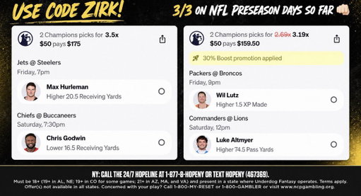 LIKE FOR LUCK
Friday NFL Preseason Picks! We’ve got 2 carrying over from Thursday+posted the Luke pick yesterday 👊🏻 still yet to have a losing preseason day, LET’S CASH 💵 copy or fade: Use code ZIRK+get $50 in funds after your first $5 entry! https://t.co/qD8fizQSiw #UDPartner 
