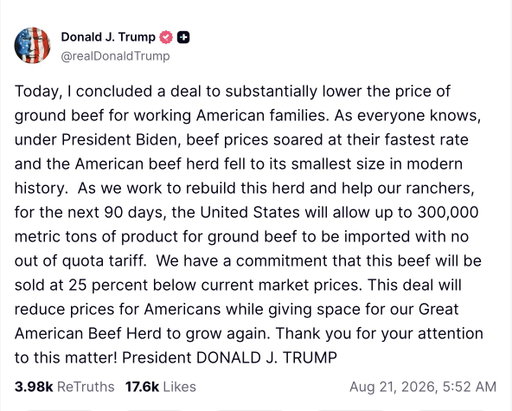 We understand why beef prices are a problem right now. Ground beef is averaging $6.89 a pound, up 57% since 2021, and that's real pressure on American families.

But flooding the market with 300,000 metric tons of imported ground beef with no tariff for 90 days is not a solution for American ranchers. It's a short-term price fix that puts more downward pressure on the cattle producers who are already struggling to stay viable. Trump has not said which countries this beef is coming from or who committed to the 25% price reduction he's promising.

American cattle ranchers have been dealing with years of drought, high feed costs, and a shrinking herd. The answer to that is not more cheap imported beef with lower standards competing against them on shelves with no country of origin label required to tell you the difference.

We will continue to source 100% American. That is not changing.